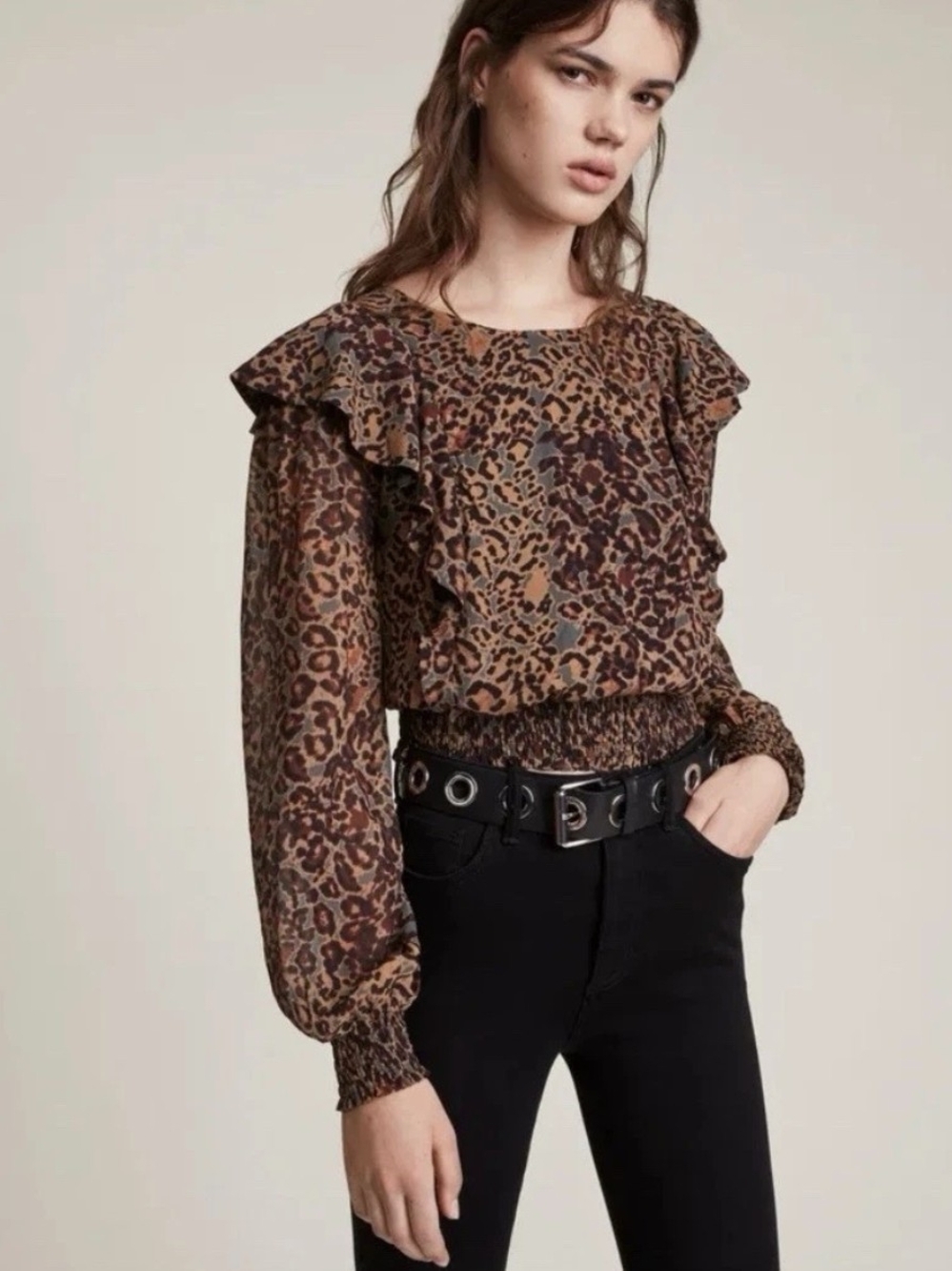 All Saints Elodie Ruffle Banded Waist Animal Print Top Size 2/XS